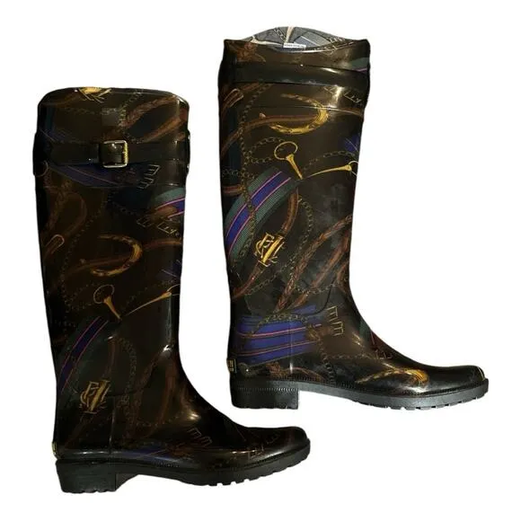 RALPH LAUREN Rosslyn II Horsebit Print Equestrian Style Rain Boots Size 7