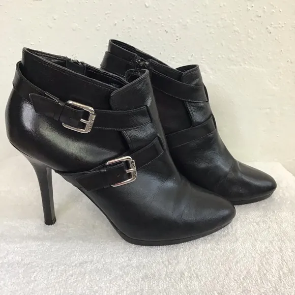 RALPH LAUREN WOMEN DEEP BLACK SILVER BUCKLES ALMOND TOE ANKLE BOOTS SIZE 5.5