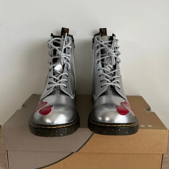 RARE ❤️ Dr. Martens 1460 Silver Patent Heart Lace Up Boots - SZ Men 6- Women 7
