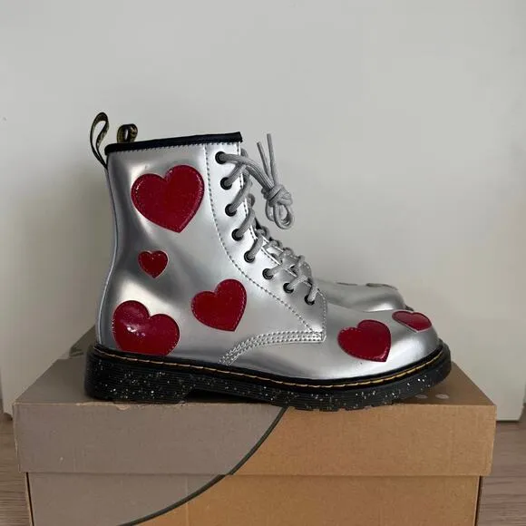 RARE ❤️ Dr. Martens 1460 Silver Patent Heart Lace Up Boots - SZ Men 6- Women 7