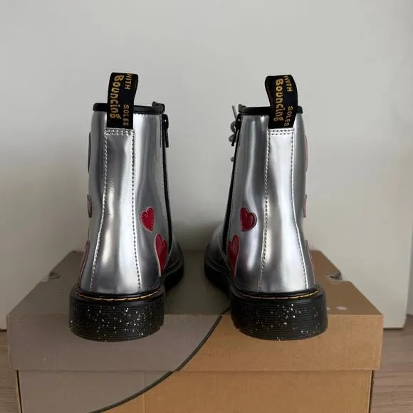 RARE ❤️ Dr. Martens 1460 Silver Patent Heart Lace Up Boots - SZ Men 6- Women 7