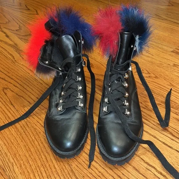 Rebecca Minkoff Black Leather &amp; Real Fur Lace Boots Size 10M
