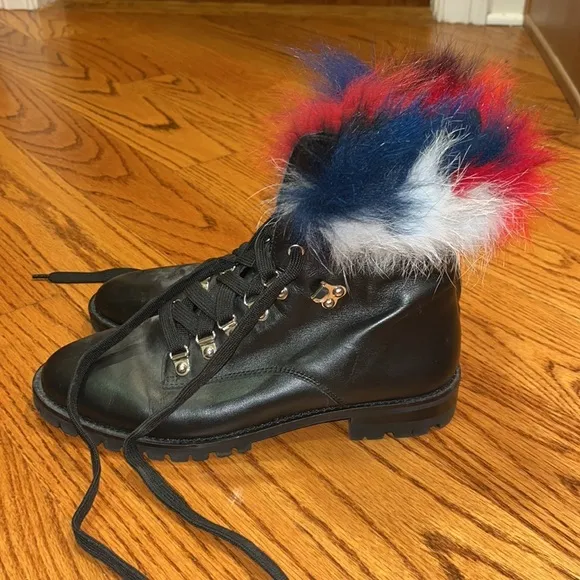 Rebecca Minkoff Black Leather &amp; Real Fur Lace Boots Size 10M