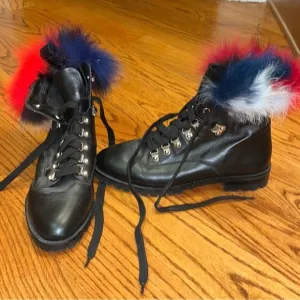 Rebecca Minkoff Black Leather &amp; Real Fur Lace Boots Size 10M