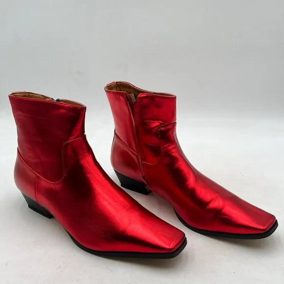 Red Square Toe Side Zipper Ankle Boot Block Low Heel Short Boots Warm Dress Boot