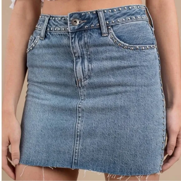 Revolve Pistola Anthropologie Studded Denim Skirt Chic Bohemian Luxury Summer