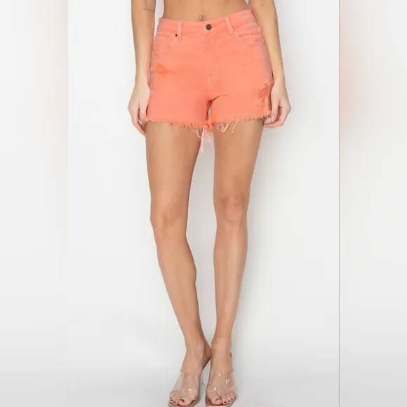 RISEN High Rise Waist Distressed Denim Cut-off Frayed Mid-length Jean Shorts