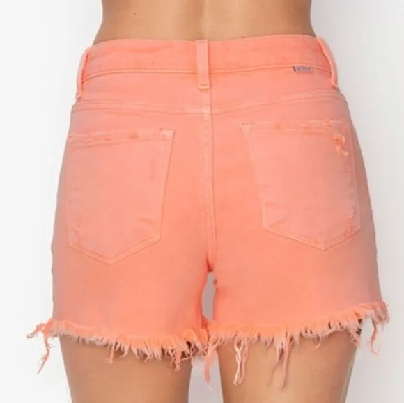 RISEN High Rise Waist Distressed Denim Cut-off Frayed Mid-length Jean Shorts