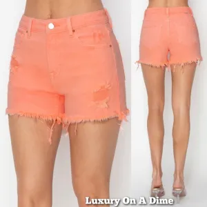 RISEN High Rise Waist Distressed Denim Cut-off Frayed Mid-length Jean Shorts