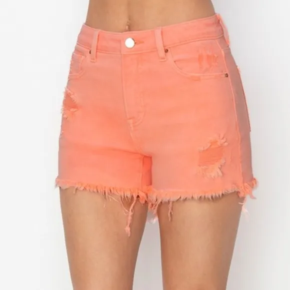 RISEN High Rise Waist Distressed Denim Cut-off Frayed Mid-length Jean Shorts