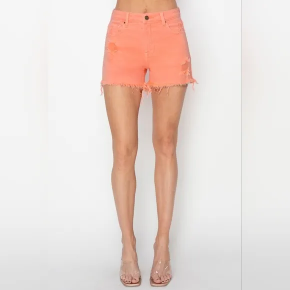 RISEN High Rise Waist Distressed Denim Cut-off Frayed Mid-length Jean Shorts