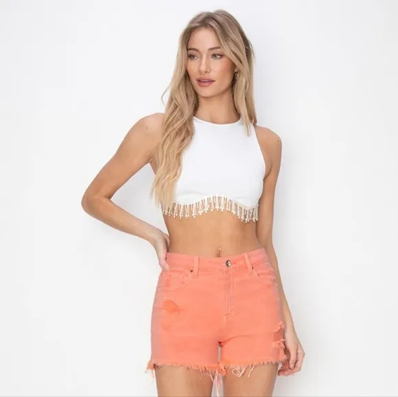 RISEN High Rise Waist Distressed Denim Cut-off Frayed Mid-length Jean Shorts