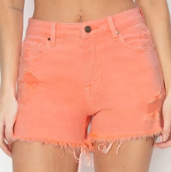RISEN High Rise Waist Distressed Denim Cut-off Frayed Mid-length Jean Shorts