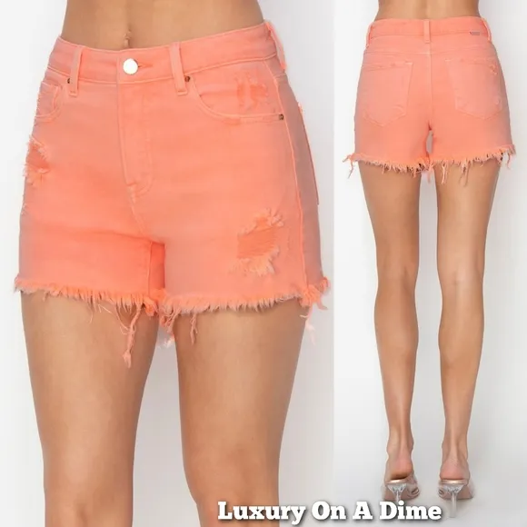 RISEN High Rise Waist Distressed Denim Cut-off Frayed Mid-length Jean Shorts