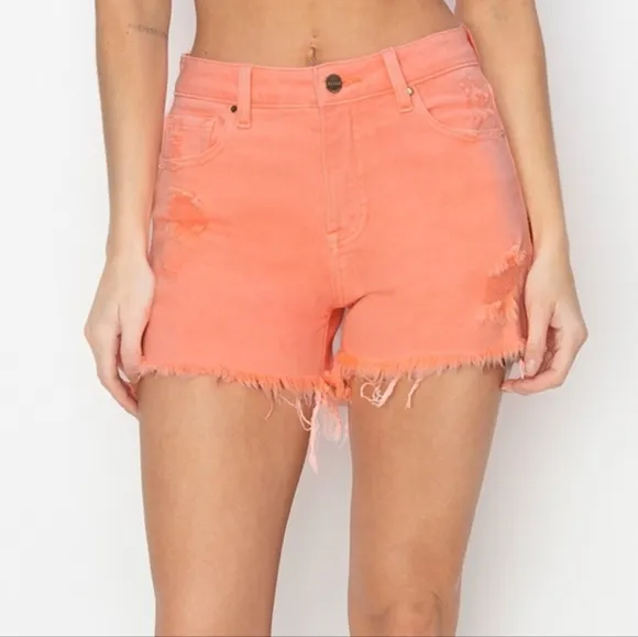 RISEN High Rise Waist Distressed Denim Cut-off Frayed Mid-length Jean Shorts