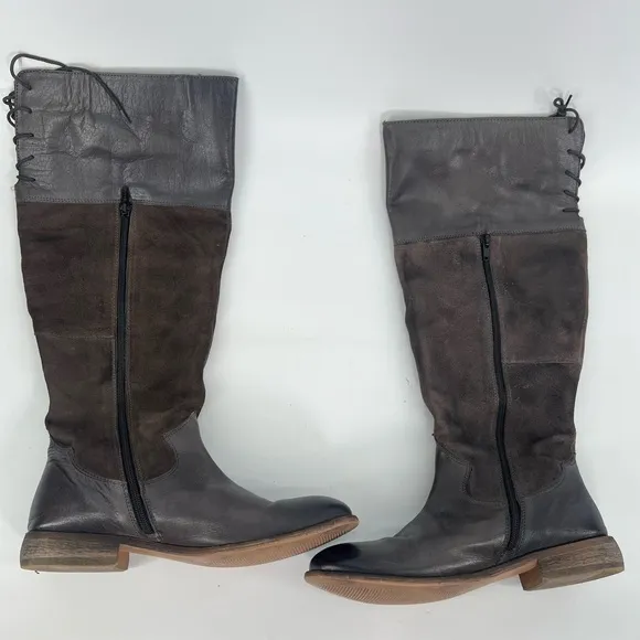 Roan by Bed Stu Natty distressed gray leather lace up knee high boots size 9.5