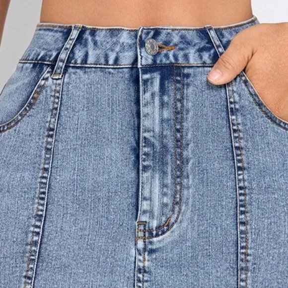 Ruffle Hem Denim Retro High-Rise Waist Jean Hip Pocket Vertical Seam Mini Skirt