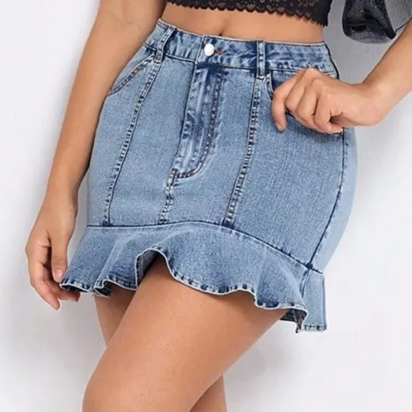 Ruffle Hem Denim Retro High-Rise Waist Jean Hip Pocket Vertical Seam Mini Skirt