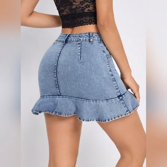 Ruffle Hem Denim Retro High-Rise Waist Jean Hip Pocket Vertical Seam Mini Skirt