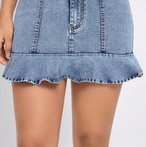 Ruffle Hem Denim Retro High-Rise Waist Jean Hip Pocket Vertical Seam Mini Skirt