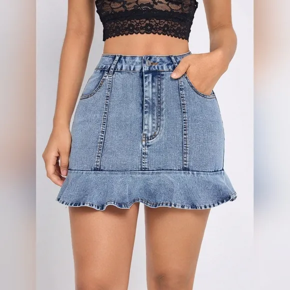 Ruffle Hem Denim Retro High-Rise Waist Jean Hip Pocket Vertical Seam Mini Skirt