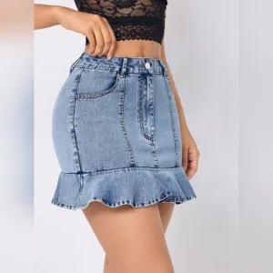 Ruffle Hem Denim Retro High-Rise Waist Jean Hip Pocket Vertical Seam Mini Skirt