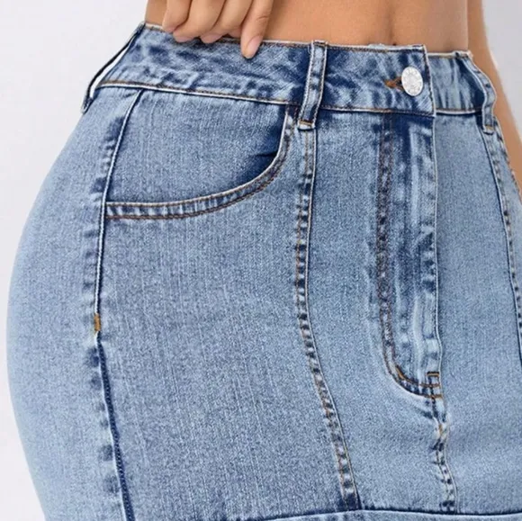 Ruffle Hem Denim Retro High-Rise Waist Jean Hip Pocket Vertical Seam Mini Skirt