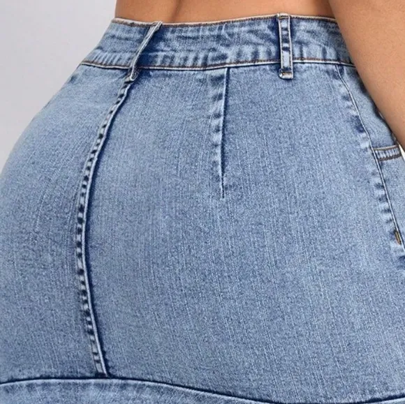 Ruffle Hem Denim Retro High-Rise Waist Jean Hip Pocket Vertical Seam Mini Skirt