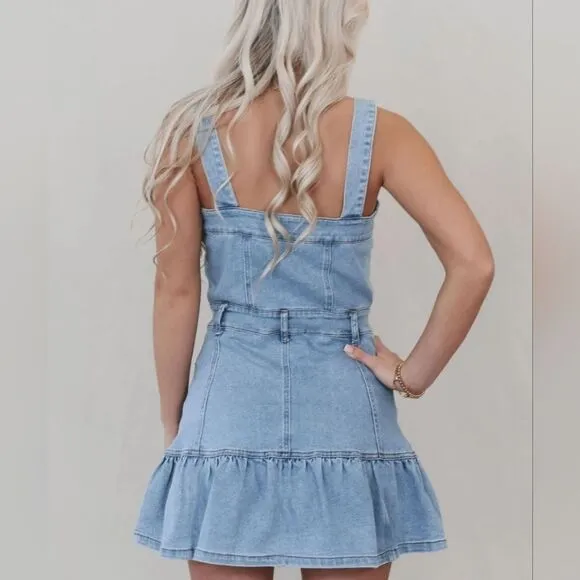 Ruffled Hem Button Front Square Light Blue Denim Dress Cowgirl Style