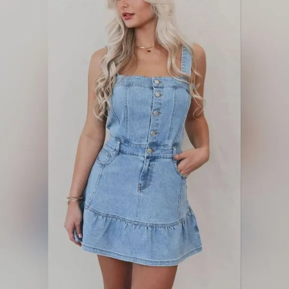 Ruffled Hem Button Front Square Light Blue Denim Dress Cowgirl Style