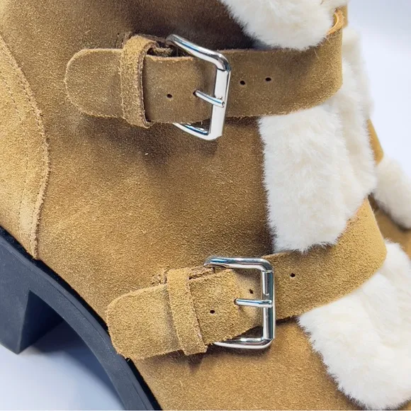 Saks Fifth Avenue women’s size 9.5 Suede Furry Buckle Boots Block heel.