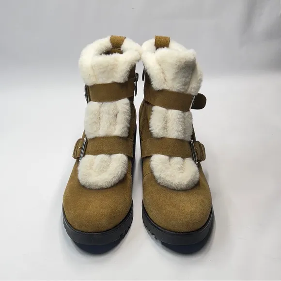 Saks Fifth Avenue women’s size 9.5 Suede Furry Buckle Boots Block heel.