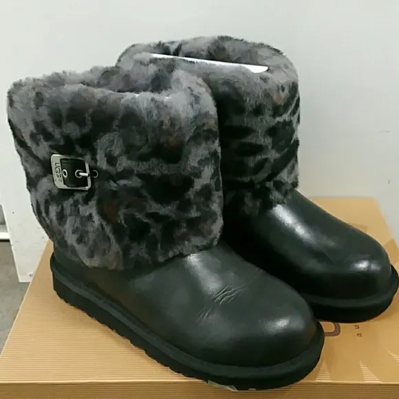 SALE New UGG Ellee Animal Fur Cuff Leather Boots Girls Size 4 fits women's 5.5