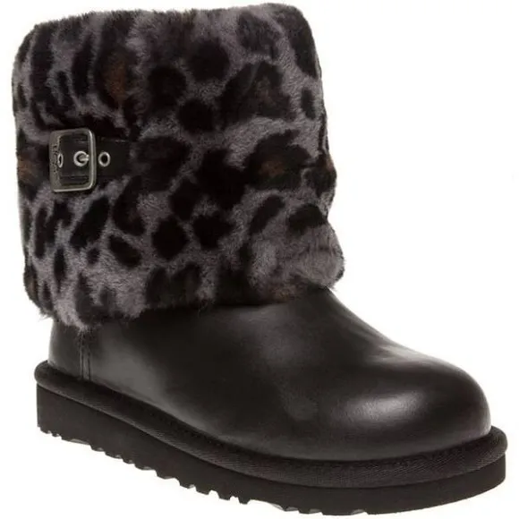 SALE New UGG Ellee Animal Fur Cuff Leather Boots Girls Size 4 fits women's 5.5