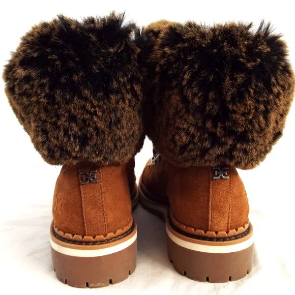 Sam Edelman Brown Suede Lace-up Round Toe Boots with Fur Trim Size 8.5