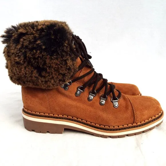 Sam Edelman Brown Suede Lace-up Round Toe Boots with Fur Trim Size 8.5