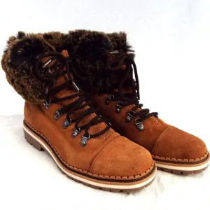 Sam Edelman Brown Suede Lace-up Round Toe Boots with Fur Trim Size 8.5