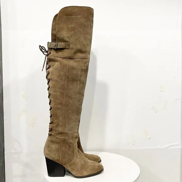 Sam Edelman Circus Tan Genuine Suede Over Knee Lace Up Tatum Boots 7.5M Women