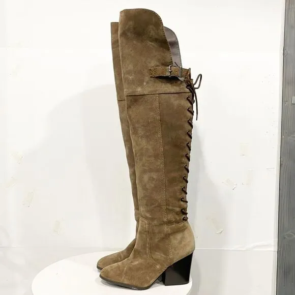 Sam Edelman Circus Tan Genuine Suede Over Knee Lace Up Tatum Boots 7.5M Women