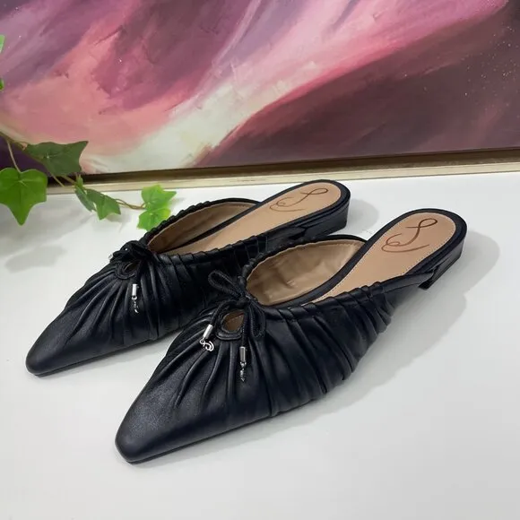 Sam Edelman Julia Leather Ruched Pointed Toe Bow Detail Mules In Black Size 7.5