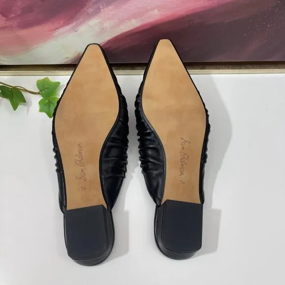 Sam Edelman Julia Leather Ruched Pointed Toe Bow Detail Mules In Black Size 7.5