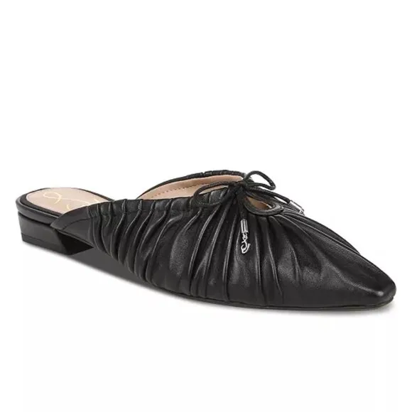 Sam Edelman Julia Leather Ruched Pointed Toe Bow Detail Mules In Black Size 7.5