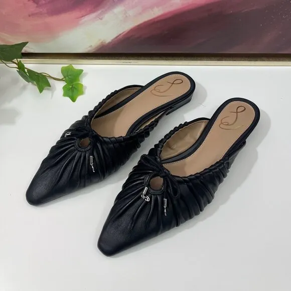 Sam Edelman Julia Leather Ruched Pointed Toe Bow Detail Mules In Black Size 7.5