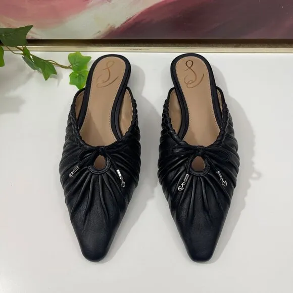 Sam Edelman Julia Leather Ruched Pointed Toe Bow Detail Mules In Black Size 7.5