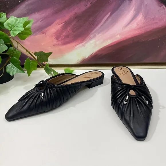 Sam Edelman Julia Leather Ruched Pointed Toe Bow Detail Mules In Black Size 7.5