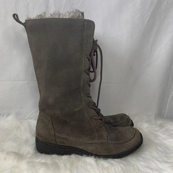 Sam  Edelman Mateo Grey Suede Faux Fur Lined Lace Up Boots Sz 6.5