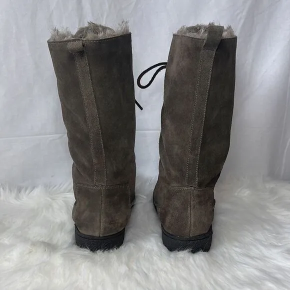 Sam  Edelman Mateo Grey Suede Faux Fur Lined Lace Up Boots Sz 6.5
