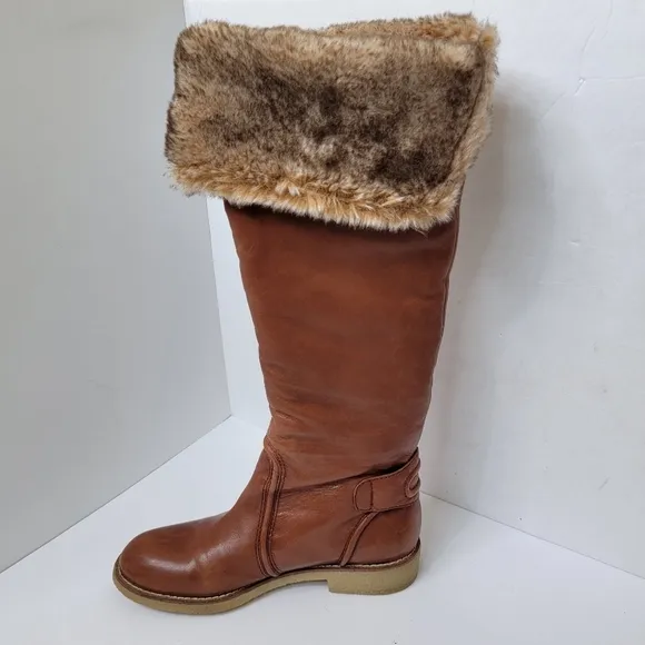 Sam Edelman Tall Brown Leather Fur Boots Newport Size 8
