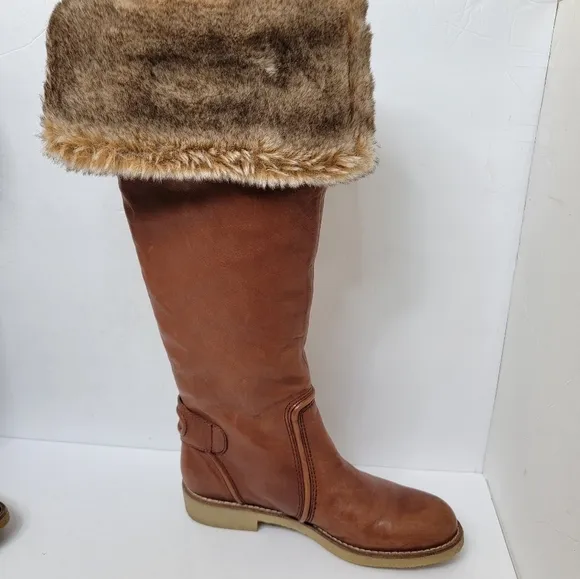 Sam Edelman Tall Brown Leather Fur Boots Newport Size 8