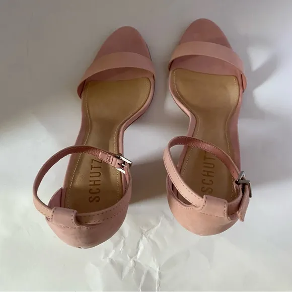 Schutz Forby Rose Tan pink suede open toe sandal heels with ankle closure 8